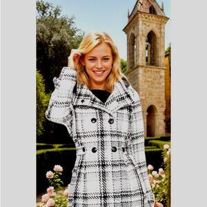 Iz Byer Black And White Double Breasted Hooded Plaid Pea Coat Classy XS
